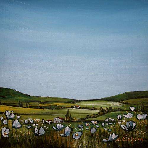 LOOKING THROUGH THE WHITE POPPY FIELD ---  ORIGINAL Painting  --  SA Artist, Cherie Dirksen