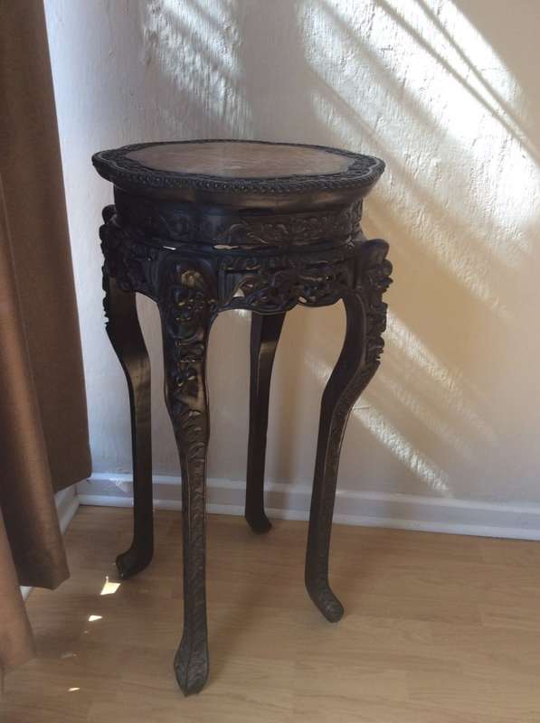 Chinese carved tall stand with marble inlay