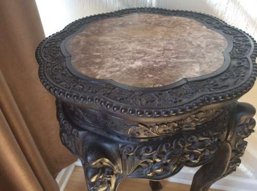 Chinese carved tall stand with marble inlay