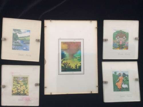 Set of 4 Miniature Sharon Jervis Watercolour Painting print plus Erna crown?