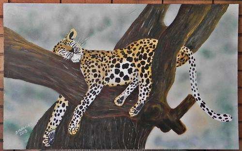 Leopard Siesta. Large oil painting. Original on board. 1070 x 660. by Jane Flowers