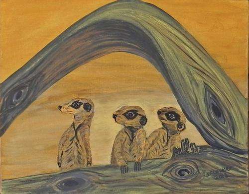 Meercat family. Oils on Canvas covered Board. 520 x 420 By Jane Flowers