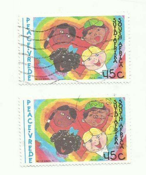 South Africa 1994. Child art. Children of different races 45c 2 stamps used. Not hinged