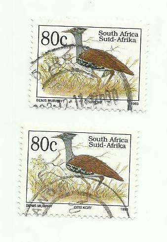 South Africa 1993. Endangered Fauna.80c Bustard 2 stamps . Used. Not Hinged