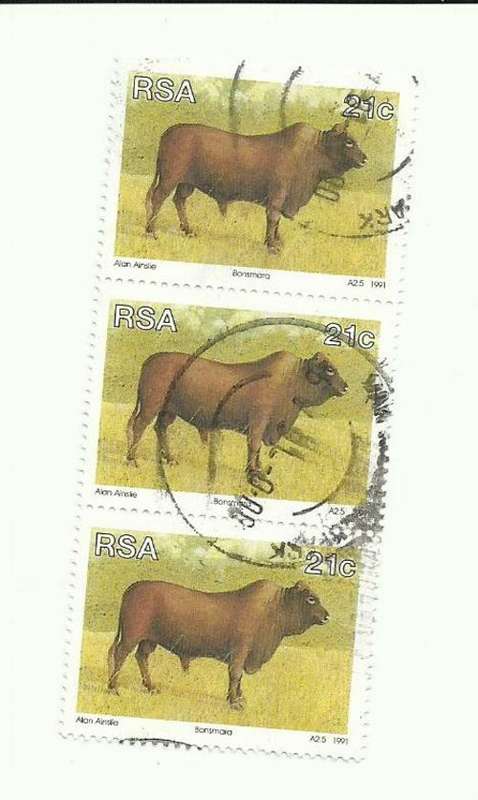 South Africa 1991. Bonsmara Bull 21c. Strip of 3  used. Not hinged