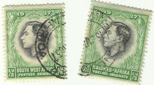 South West Africa 1937 1/2d coronation 2 stamps used