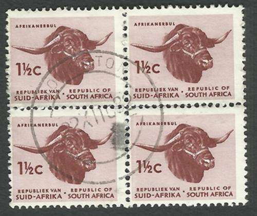 South Africa 1&1/2c circa 1960s block of 4 used