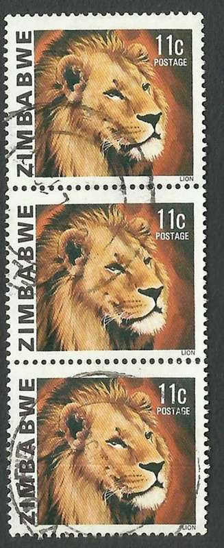 Zimbabwe 1980 wild animals lion 11c strip of 3 used