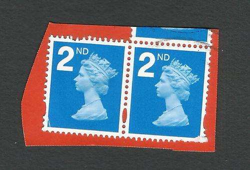 Great Britain circa 2014 2nd class royal mail postage stamps 2nd. pair usd on cover remnant