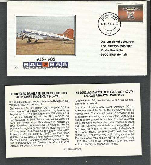 South Africa Comemmorative issue 1985 Douglas Dakota Cover VF