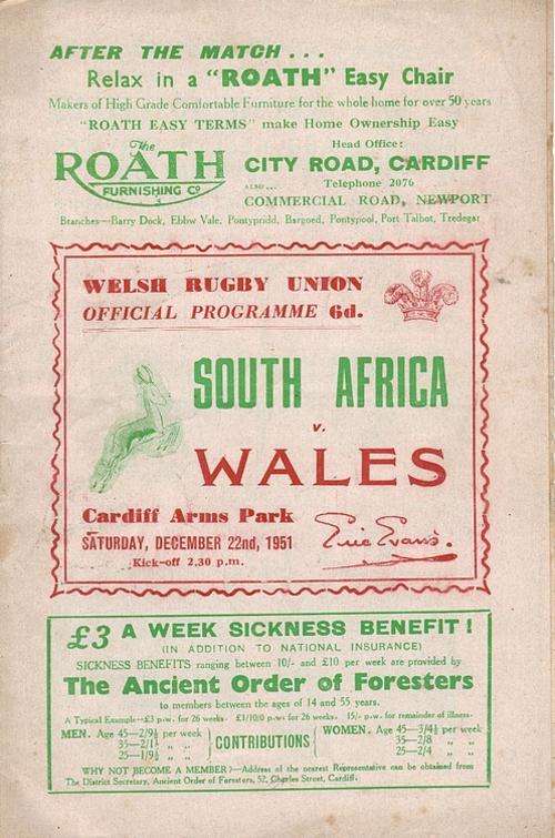 1951 - RUGBY - WALES v SA @ CARDIFF + SIGNED CARD BLEDDYN WILLIAMS WALES (V/CAPT)