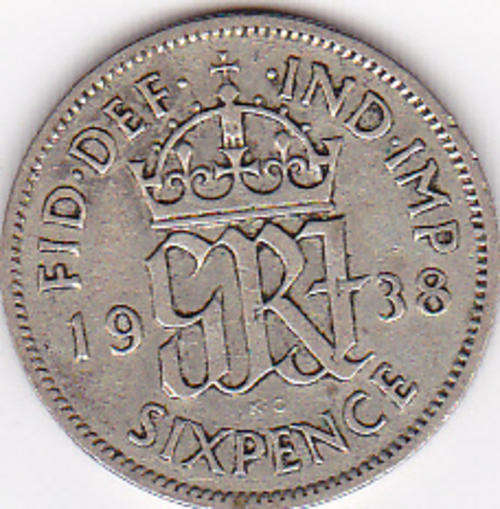 Uncommon 1938 British sixpence 50% SILVER *XF*