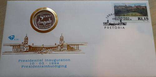 FDC PROOF 1994 MANDELA INAUGURATION COIN. Original coin in original cover.
