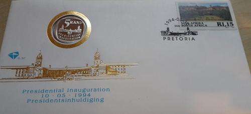 FDC PROOF 1994 MANDELA INAUGURATION COIN. Original coin in original cover.