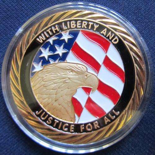 PROOF COLOUR 9/11 MEDALLION! GOLD Plating. Liberty and justice for all! In capsule.