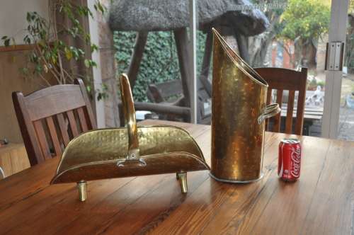 Vintage Brass Wood Holder Carrier And Coal Scuttle