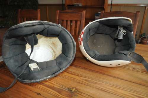 Vintage bicycle safety helmets with BMX stickers