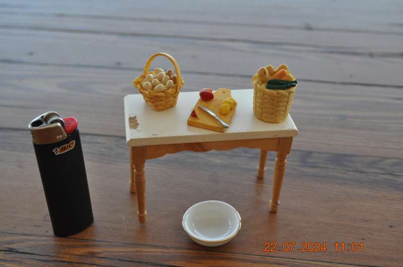 Dolls house kitchen table with extras