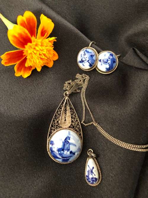 .835 Silver Antique Dutch Silver Delft Set - Large Pendant, Small Pendant, Screw on Earrings
