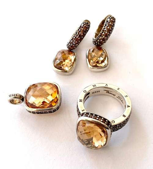 Set - Thomas Sabo Earrings, Pendant and Ring. Imperial Topaz Stones. All 925 Silver