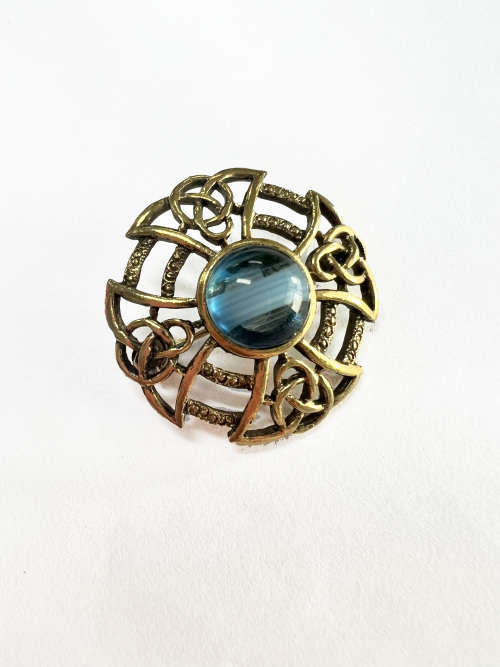 Brooch - Celtic Design Vintage Cross Bue Marble Centre (Brass) 2222 Stamped ML1805