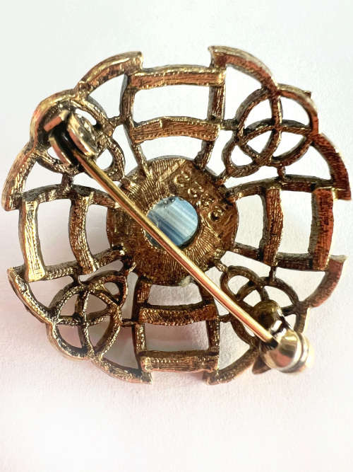 Brooch - Celtic Design Vintage Cross Bue Marble Centre (Brass) 2222 Stamped ML1805