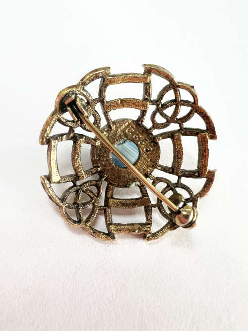 Brooch - Celtic Design Vintage Cross Bue Marble Centre (Brass) 2222 Stamped ML1805