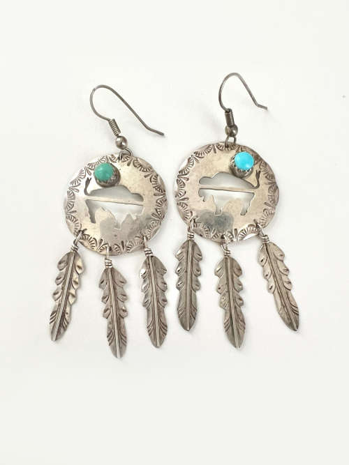 Earrings - Vintage Sterling Silver Dream Catcher with Buffalo Silouhette ML2029