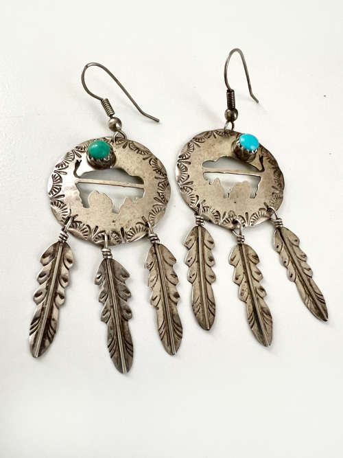 Earrings - Vintage Sterling Silver Dream Catcher with Buffalo Silouhette ML2029