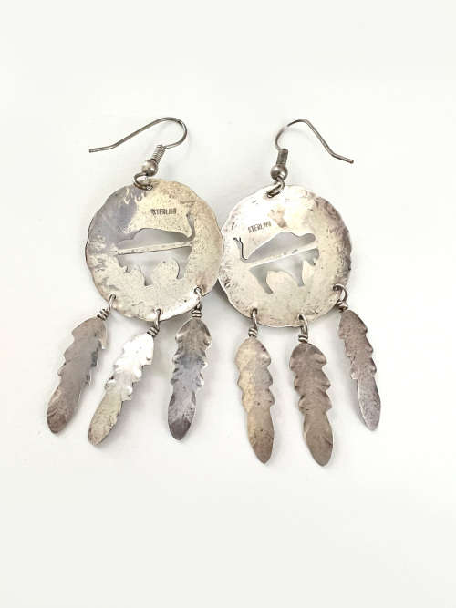 Earrings - Vintage Sterling Silver Dream Catcher with Buffalo Silouhette ML2029