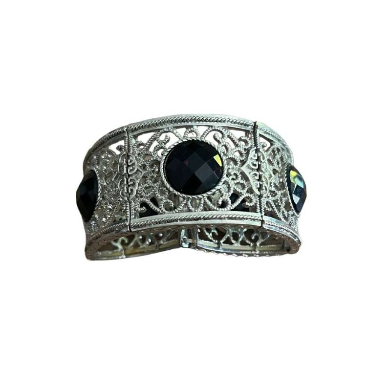 RA092 Bracelet - Silver Tone Black Beads