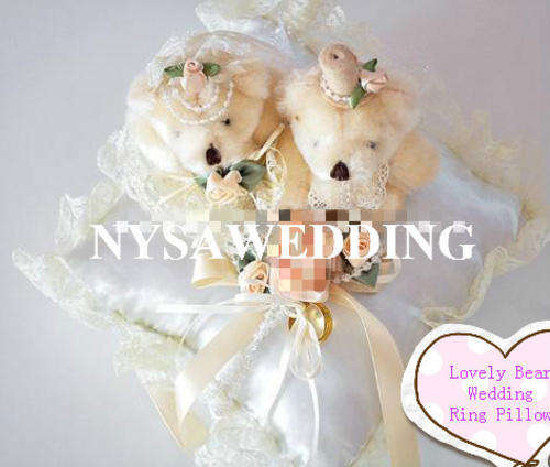 Wedding Ring Pillow In White Satin With Lovely Bear And Laces