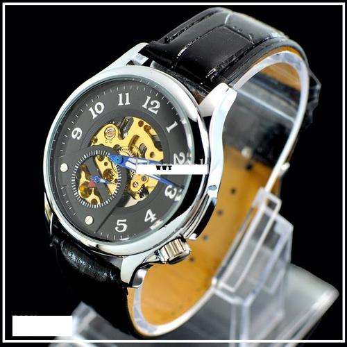 ***NEW***Luxury mens skeleton mechanical watch with white/blue hand finish