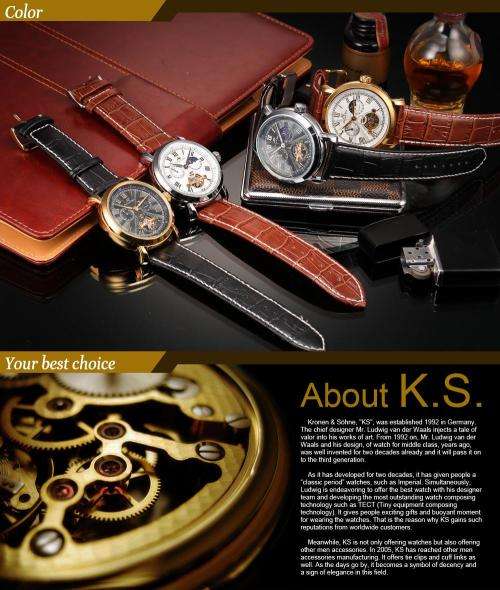 KS Brand Mechanical Relogio Masculino Black Day Night Phase Roman Numerals Leather Band Men Automati
