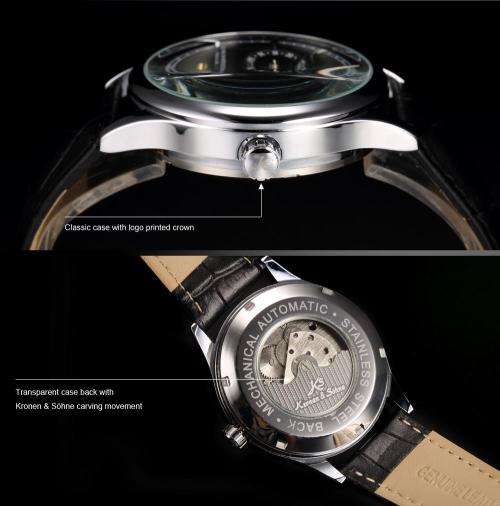 KS Brand New 24 Hours Display Self Wind Relogio Leather Band Analog Male Automatic Mechanical Clock
