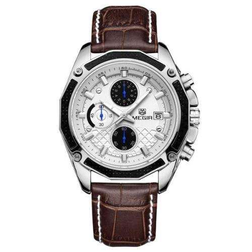 MEGIR M2015 Men Watch Leather Strap Multifunction Chronograph Fashion Casual Quart