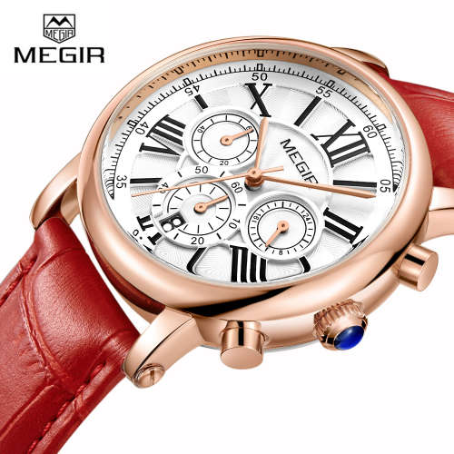First bidder wins MEGIR 2058 Women Watch Luxury Roman Number Leather Strap Ladies Quartz Watch