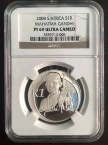 2008 SOUH AFRICA SILVER R1 PROTEA MAHATMA GANDHI PF69 ULTRA CAMEO