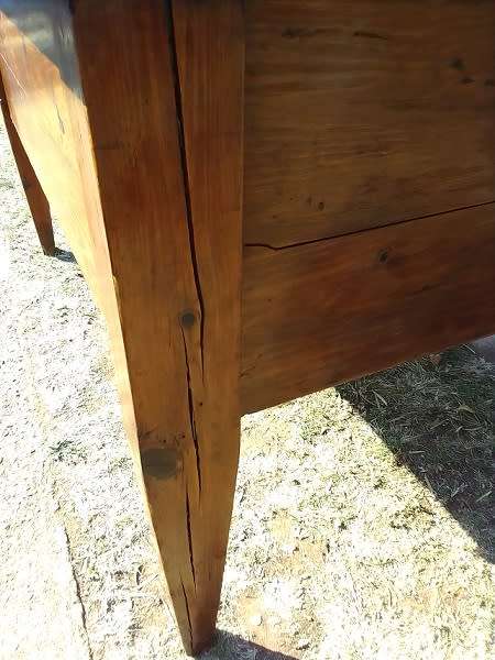 Lovely 1800`s, rustic Oregon desk / table with four drawers, cup handles and thick tapered legs.