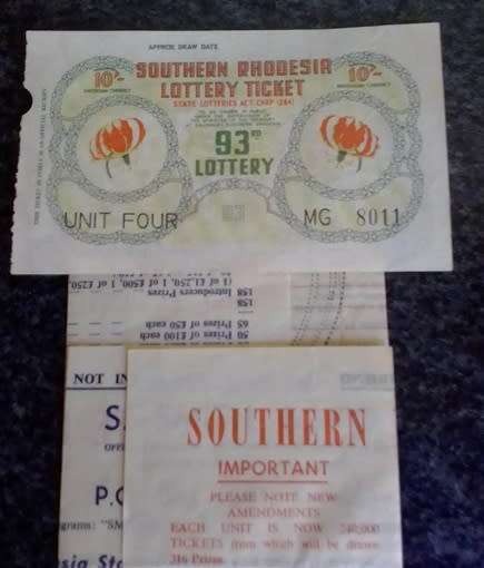 Southern Rhodesia lotto ticket with an unused vendor form. S Smith Salisbury. Rare find.