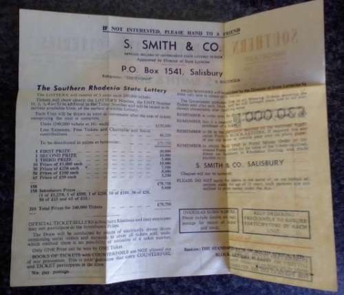 Southern Rhodesia lotto ticket with an unused vendor form. S Smith Salisbury. Rare find.