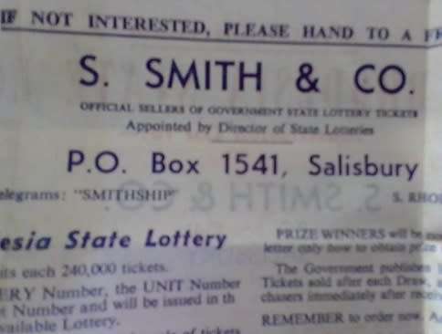 Southern Rhodesia lotto ticket with an unused vendor form. S Smith Salisbury. Rare find.