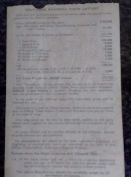 Southern Rhodesia lotto ticket with an unused vendor form. S Smith Salisbury. Rare find.