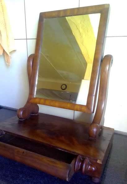 Stunning 1800`s mahogany table top chevelle  mirror with drawer. Please read description.