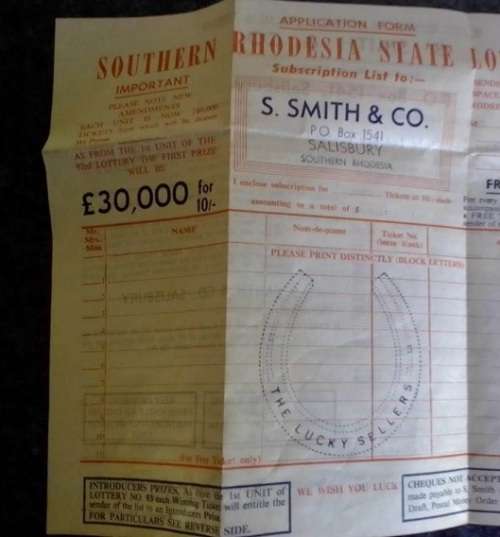 Southern Rhodesia lotto ticket with an unused vendor form. S Smith Salisbury. Rare find.