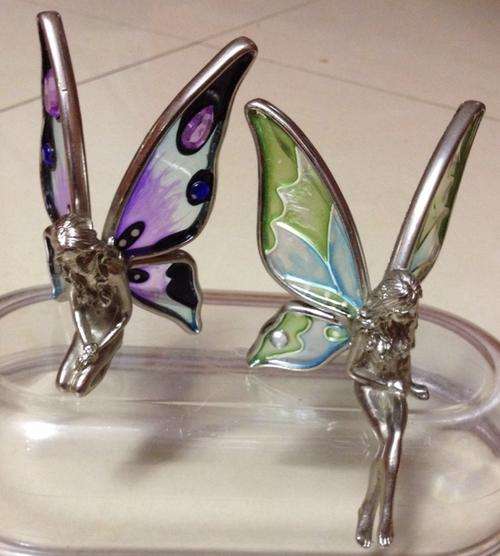 Pewter Shelf Sitting And Kneeling Fairy Figurines - Stained Glass Wings