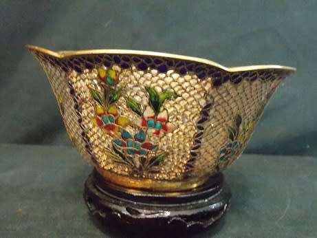 Brass Plique a Jour Enamel and Glass Cloisonné Bowl.