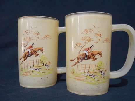Set of Two Painted Glass Mugs with Horse jumping