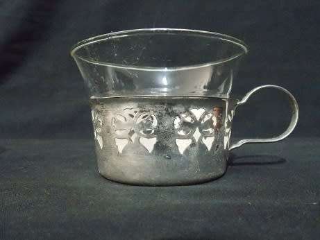 Set of Three Gluwein Glasses 2 Brass and 1 Silver plated Holders Glasses by Jena Glass