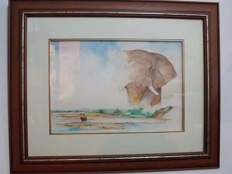 Original Water Color Elephant Bull by Lad Kalondo Framed